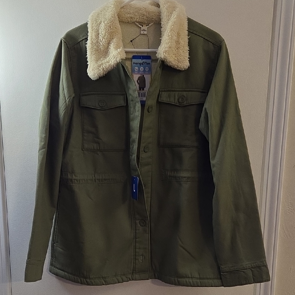 Olive Green Jacket with Faux Shearling Collar